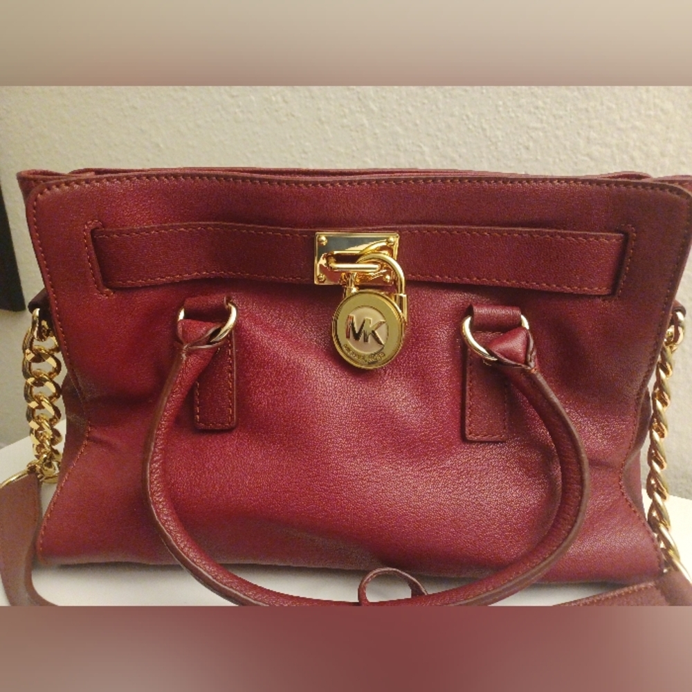 Michael Kors Wine Red Satchel with Gold Accents